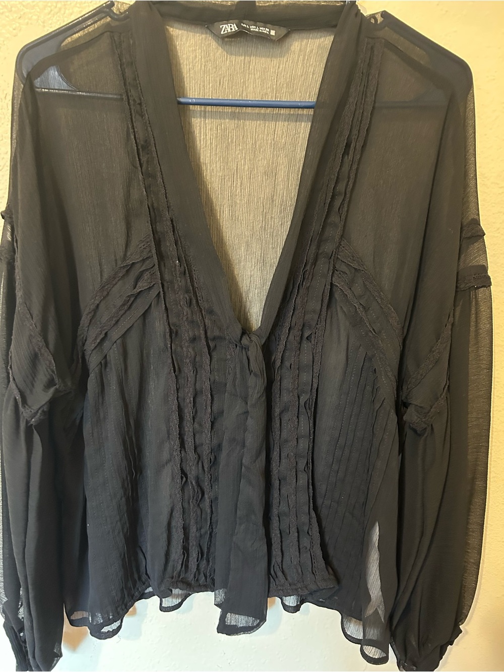 ZARA Woman's Large Black Sheer Button-Down Shirt with Tie
